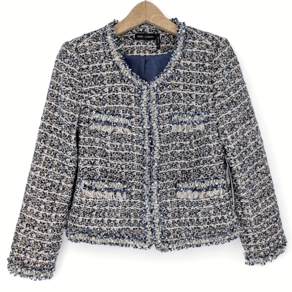Stella + Lorenzo Jackets & Blazers - Stella + Lorenzo Tweed Jacket Blazer Navy Blue Small Preppy Old Money